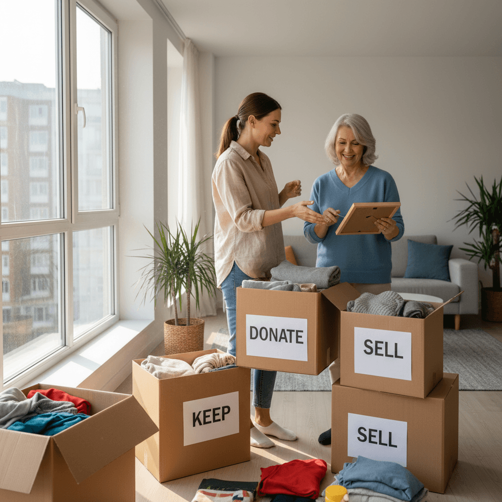 Downsizing assistance helping organize and sort household belongings