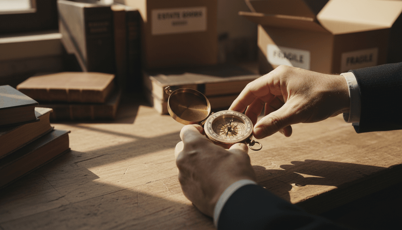 Hands carefully examining a vintage collectible item during estate liquidation appraisal
