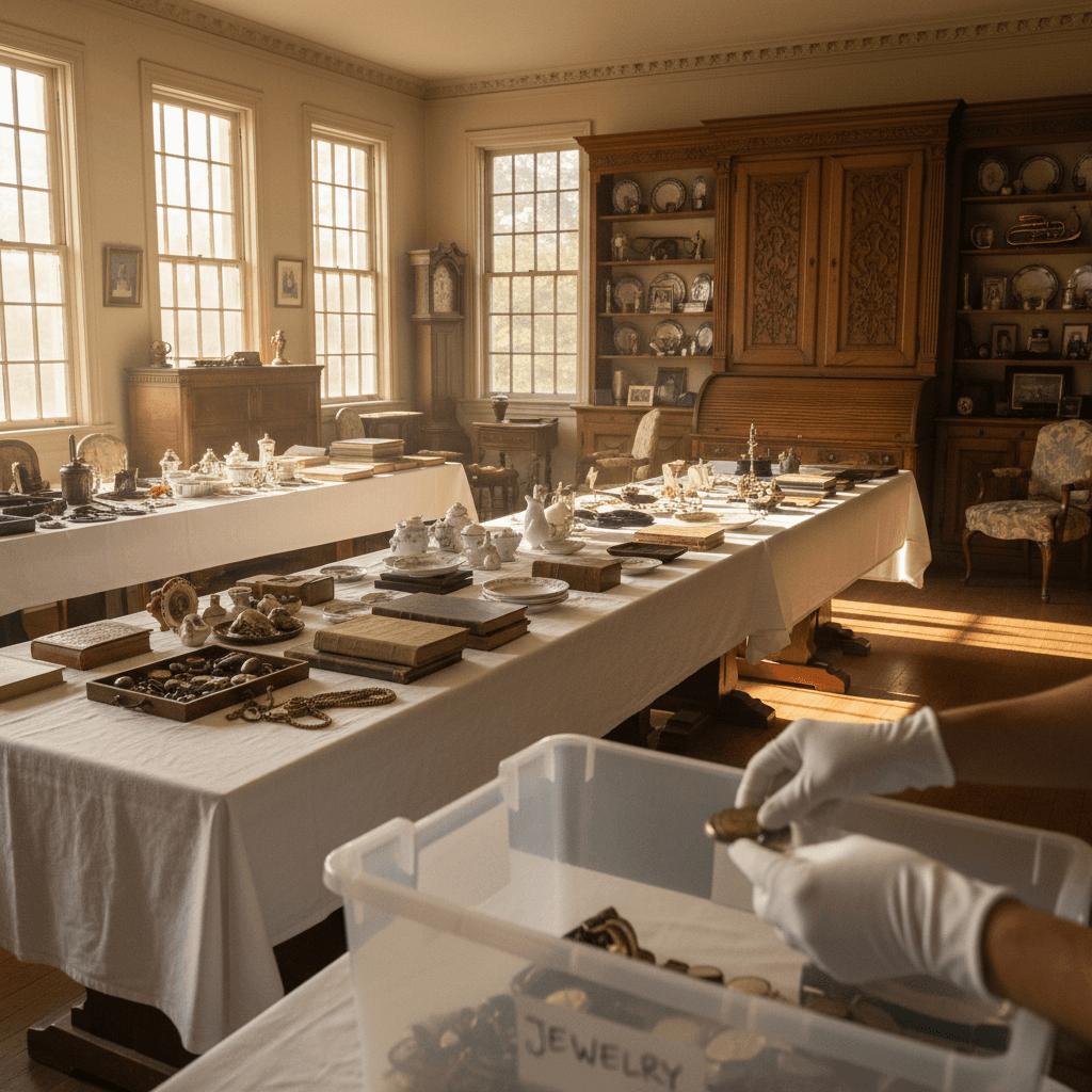 Estate cleanout in progress with organized vintage items and collectibles