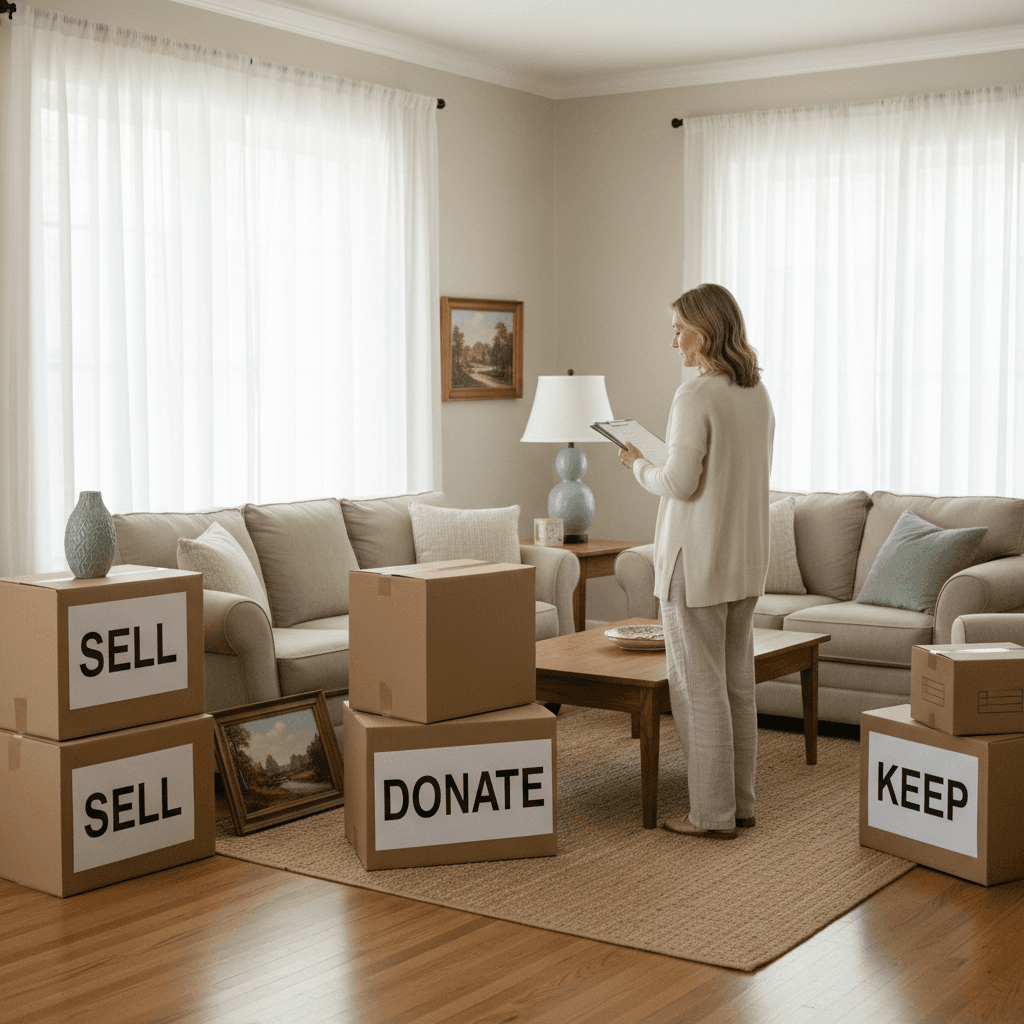 Home downsizing session with organized categories for items