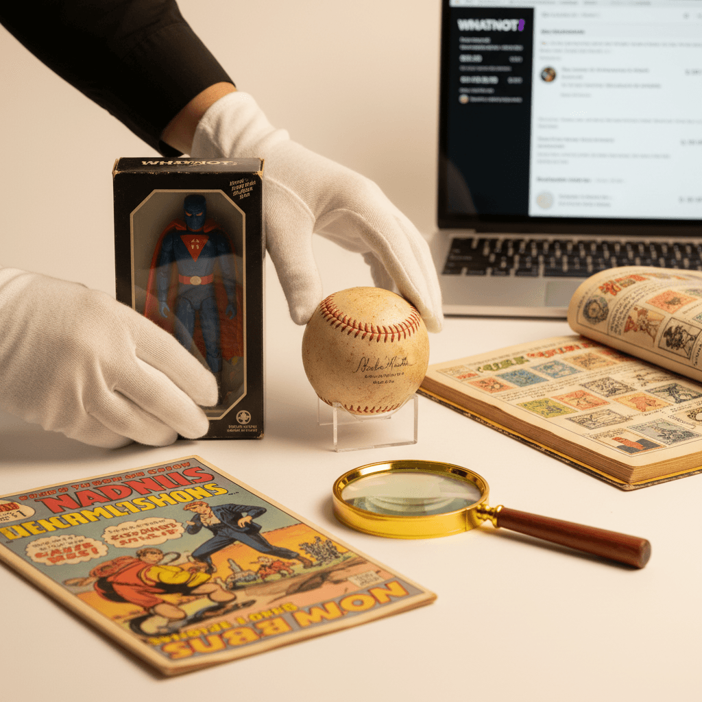 Collection items being professionally evaluated and prepared for online auction