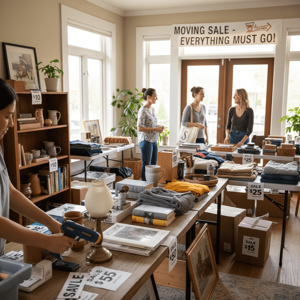 Moving sale display with organized items and clear pricing