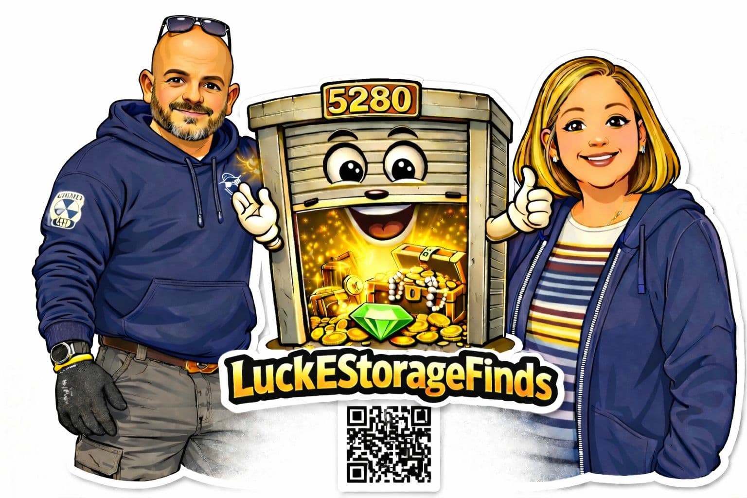 Cartoon couple flanking a treasure-filled storage unit character and the text LuckEStorageFinds.