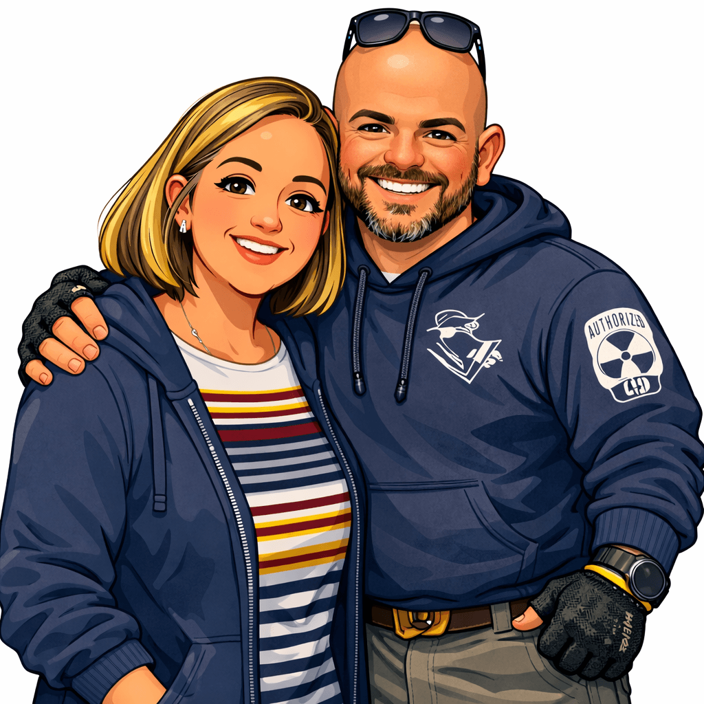 Cartoon illustration of a smiling blonde woman and bald bearded man hugging in blue hoodies.